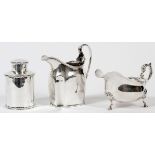 ENGLISH STERLING TEA CADDY, CREAM PITCHER &  SAUCE BOAT, LATE 18TH-EARLY 20TH C.:  Including  1