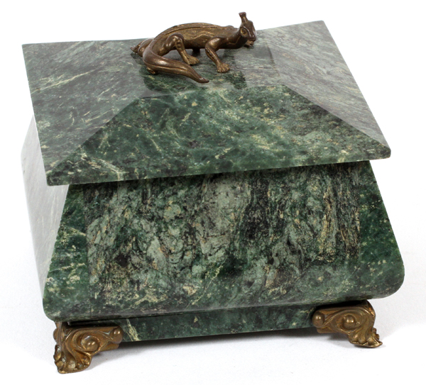 CHINESE CARVED STONE BOX WITH COVER, W 3"  SQUARE:  A salamander in gilt metal decorates  the