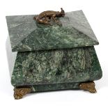 CHINESE CARVED STONE BOX WITH COVER, W 3"  SQUARE:  A salamander in gilt metal decorates  the