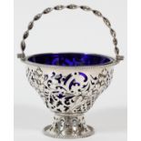 ENGLISH STERLING & GLASS BASKET BY NATHAN &  HAYES, CHESTER, 1906-07, H 6", DIA 4 1/2":   Sterling
