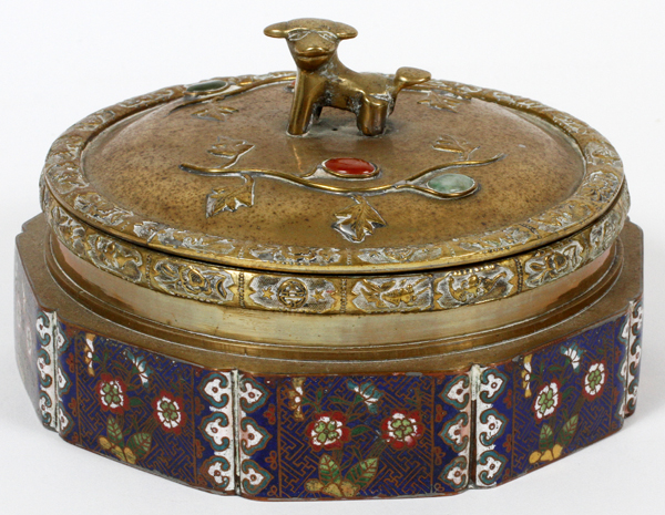 CHINESE ROUND ENAMEL AND BRONZE COVERED BOX,  C1920 DIA 9":  Impressed "China".