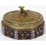 CHINESE ROUND ENAMEL AND BRONZE COVERED BOX,  C1920 DIA 9":  Impressed "China".