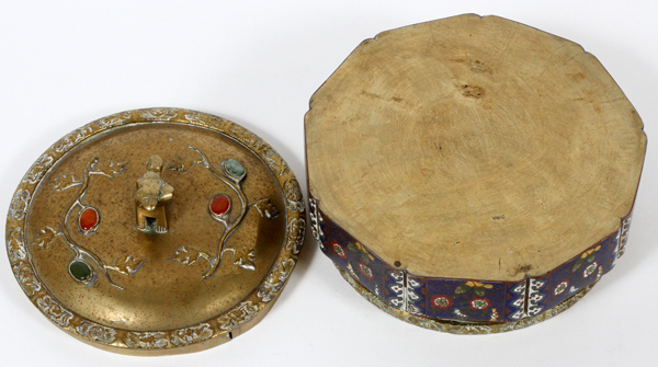 CHINESE ROUND ENAMEL AND BRONZE COVERED BOX,  C1920 DIA 9":  Impressed "China". - Image 2 of 2