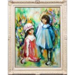 IRENE BORG, OIL ON CANVAS, 20TH C., H 40", W  30", "TWO YOUNG GIRLS":  Depicts two young girls  in