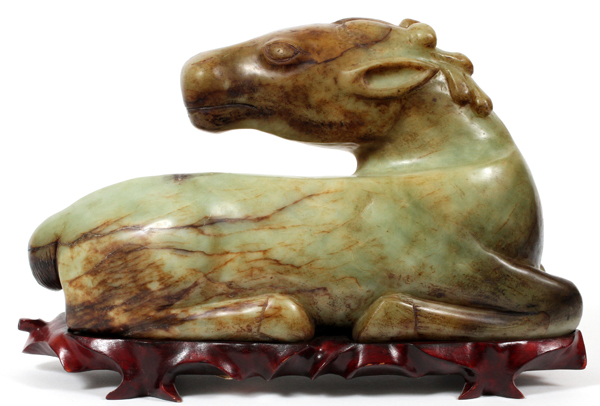 ARCHAIC JADE CARVED HORSE, H 10", L 17":  Green  to russet brown in color on a fitted wooden  stand. - Image 3 of 3