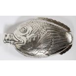 SILVER FISH-FORM FLASK WITH TIFFANY & CO.  STERLING CAP, L 6":  Stamped at the inside of  the