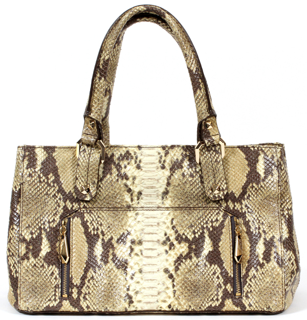 HENRI BENDEL SNAKESKIN BAG, W 14'':  Snakeskin  handbag with satin lining, and compact mirror.