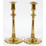 QUEEN ANNE BRASS CANDLESTICKS, 18TH C., PAIR, H  9 1/2":  Petal bases.