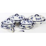 STOKE-ON-TRENT FLOW BLUE TUREEN SETS BY B & S,  EIGHT PIECES:  Two tureen sets with covers,  under
