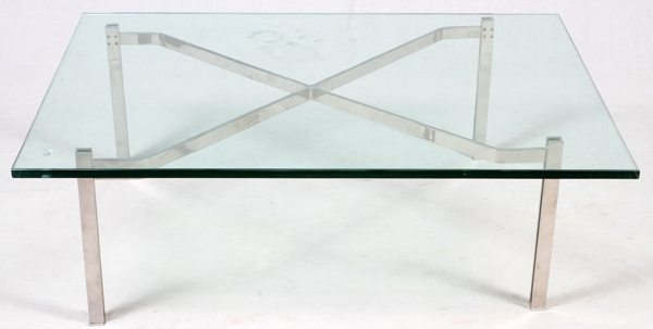 CHROME COCKTAIL TABLE WITH GLASS TOP, H 15 1/2",  W 48":  Rectangular glass top on a chrome