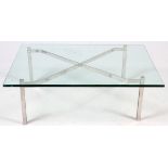 CHROME COCKTAIL TABLE WITH GLASS TOP, H 15 1/2",  W 48":  Rectangular glass top on a chrome