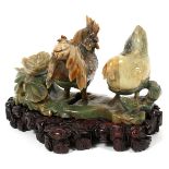 CHINESE SERPENTINE CARVED CHICKEN BOXES H 6  1/2":  Chicken and rooster on a rocky formation.  Heads