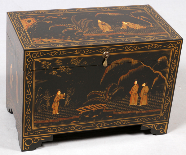 CHINESE HINGED CHEST, H 16", W 22":  Chinoiserie  design.  Modern. From a prominent Dearborn