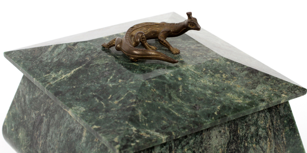 CHINESE CARVED STONE BOX WITH COVER, W 3"  SQUARE:  A salamander in gilt metal decorates  the - Image 2 of 2