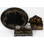 ENGLISH PAPIER MACHE TRAY, INKSTAND & LETTER  HOLDER, 19TH C.:  Including 1 oval tray, L.16" x  13";