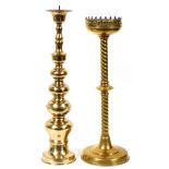 BRASS CANDLESTICKS, TWO, H 24":  Non-matching,  one with spiral shaft. From a pominent Dearborn