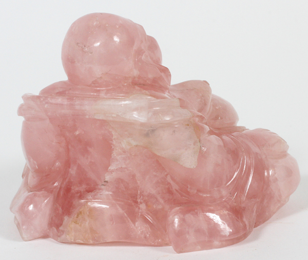 CHINESE ROSE QUARTZ FIGURE, BUDDHA, C. 1900, H  4":  On a teakwood base. From a prominent - Image 2 of 2
