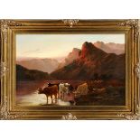 STANLEY GRAHAM [BRITISH, 19TH-20TH C.], OIL ON  CANVAS, H 20", W 30", "HIGHLAND CATTLE":  Signed