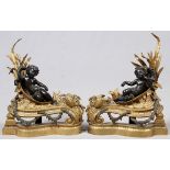 BRONZE FIGURAL CHENETS, 19TH C., PAIR, H 20" W  16":  French; golden and dark brown bronze;  putti