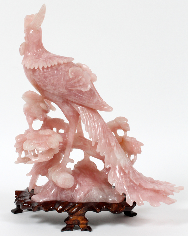 CHINESE ROSE QUARTZ CARVING OF EXOTIC BIRDS, H  11":  On flowering trees. Height is quartz only. - Image 2 of 2