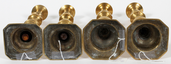 AMERICAN BRASS CANDLESTICKS, 19TH C., FOUR, H  9"-10":  Push up style. Two original push ups  are - Image 2 of 2