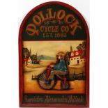 "POLLOCK CYCLE CO." WOOD PLAQUE H 35", W 24":  A  contemporary painted wood sign, with  three-