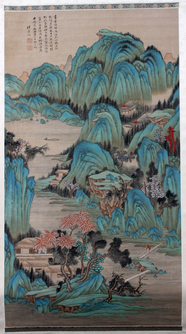 CHINESE HAND PAINTED SILK SCROLL, H 38", W 21":   Depicting limestone cliffs and a pavilion, as