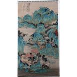 CHINESE HAND PAINTED SILK SCROLL, H 38", W 21":   Depicting limestone cliffs and a pavilion, as