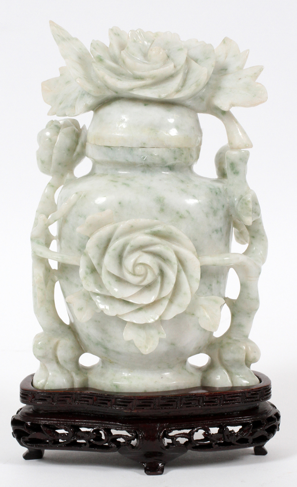 CHINESE PALE GREEN JADE COVERED URN, H 7":  Base  carved from a single stone. Loose cover with