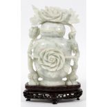 CHINESE PALE GREEN JADE COVERED URN, H 7":  Base  carved from a single stone. Loose cover with