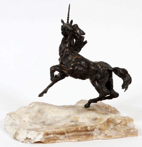 PAUL FAIRLEY BRONZE SCULPTURE, H 7.5" UNICORN:   Paul Fairley [Canada, 1948-1991].  A bronze