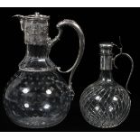 SILVERPLATE & HAND-BLOWN GLASS CLARET & JUG,  19TH C., H 9 1/2" & 7":  Including 1 hand-blown  glass
