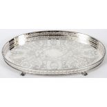 ENGLISH SHEFFIELD SILVER PLATE GALLERY TRAY, L  22":  Footed and hand-chased. Made in Sheffield