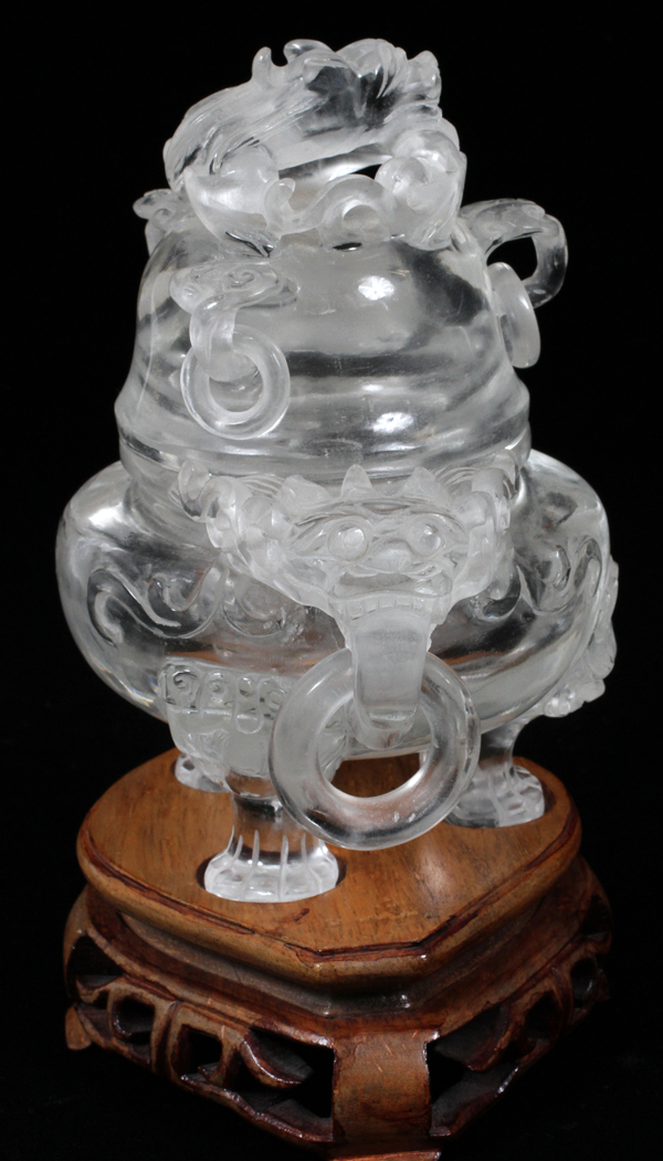 CHINESE ROCK CRYSTAL QUARTZ KORO, H 7":  Natural  crystal quartz koro carved with elephant mask  and - Image 3 of 3