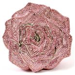 JUDITH LEIBER PINK ROSE MINAUDIERE, W 4 1/2'':   Full bead two-tone pink rose with green crystal