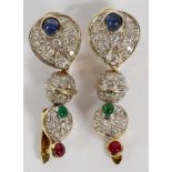 2.00CT DIAMONDS & .80CT EMERALD, RUBY, SAPPHIRE  DANGLE EARRINGS, H 1 3/4":  A pair of 18kt gold