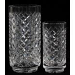 WATERFORD STYLE CRYSTAL VASES, TWO, H 6" & 8":   No apparent markings. Cylinder form. Hand cut