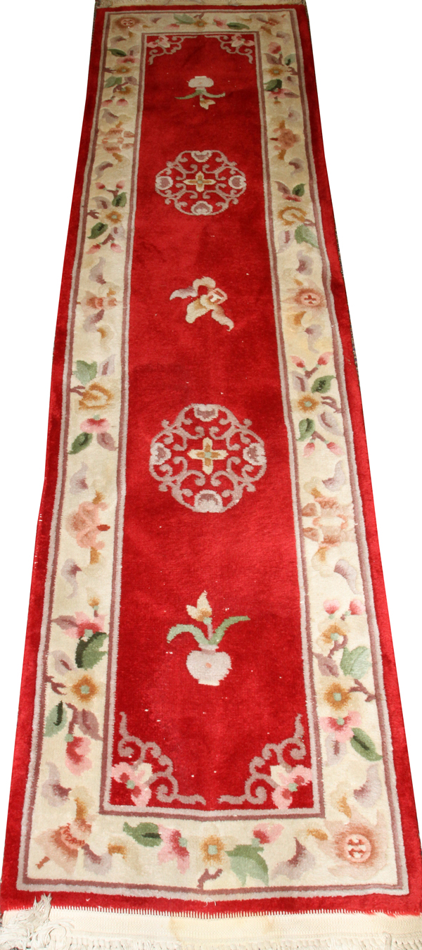 CHINESE RED RUNNER WITH BEIGE BORDER W 27", L  97":