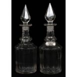 CUT GLASS DECANTERS, PAIR, H 12 1/2":  Hand cut,  hollow stoppers, one of which with an English