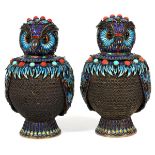 CHINESE SILVER MESH, ENAMEL OWL-FORM JARS, PAIR,  H 6":  Each is in the form of an owl with inset