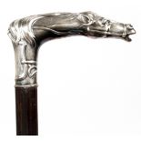 GERMAN STERLING & WOOD CANE, L 36":  A sterling  horse figure topping a wooden cane.  Having  German