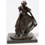 AFTER BESSIE POTTER VONNOH, BRONZE SCULPTURE, H  14", W 11", FIGURE OF A LADY:  Signed; dark