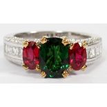 1.42CT GREEN TSAVORITE & 1.04CT RUBY & 1.00CT  DIAMOND RING, SIZE 7:  A 14kt white gold ring  with