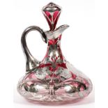 ART NOUVEAU STERLING OVERLAY CRANBERRY CRYSTAL  CRUET, C. 1900, H 9":  Monogrammed FLN.