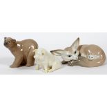 LLADRO & BELLEEK PORCELAIN ANIMAL FIGURES,  THREE:  Lladro includes 1 recumbent fox with  young