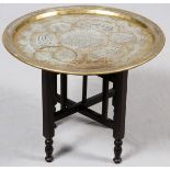 SYRIAN BRASS ROUND TRAY ONLAID WITH SILVER &  COPPER ON FOLDING STAND, DIA 21":  Dia 21 1/2";  has