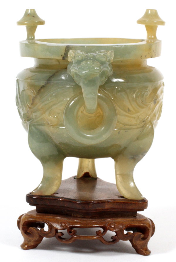 CHINESE SERPENTINE KORO, H 3":  Pale green. No  cover. Carved from a single stone. Raised on