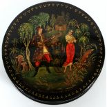 RUSSIAN LACQUER BOX, DIA 3":  Fairytale scene  hand decorated on cover. From a pominent  Dearborn