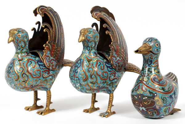 CHINESE CLOISONNÉ BIRDS, THREE:  Two are fitted  as planters with covers in the form of wings, L  10