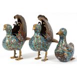 CHINESE CLOISONNÉ BIRDS, THREE:  Two are fitted  as planters with covers in the form of wings, L  10